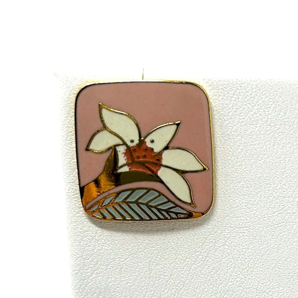 VTG Laurel Burch Wild Lily Enamel Flower Square Earrings Pink‎ Gold Tone Studs